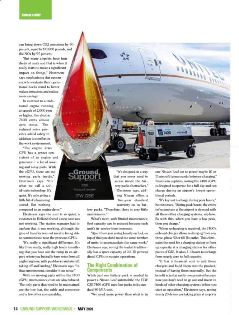 itw gse, itwgse, gsee, product leader of the year 2020, product leader, 7400 eGPU, battery driven gpu, ground power unit, ground support worldwide