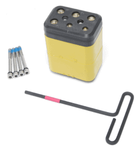 Yellow replacement nose contact section, 4 sealing screws, required tool, and abrasion cap.